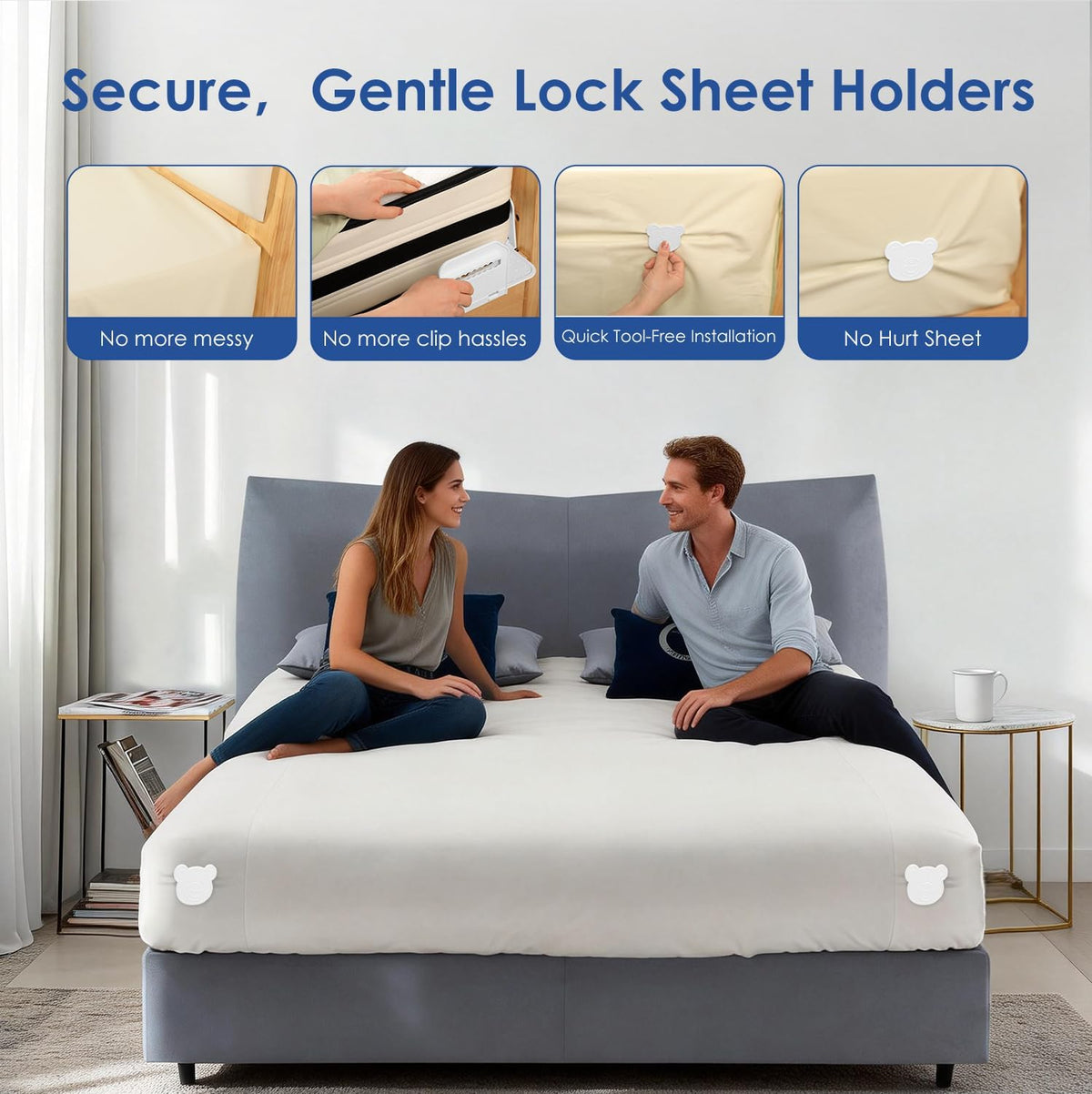 Patented Bed Sheet Holders ABS Lock System for Fitted Sheets Secure Clips