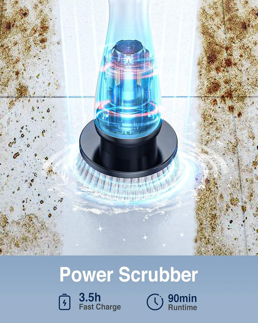 PUNOMO Electric Spin Scrubber for Bathroom & Shower, Power Cleaning Brush | Cordless, IPX7 Waterproof. 2 Speeds & 90-Min Battery, 8 Heads. Extendable Handle Saves Your Back For Tub & Tile Deep Cleaning