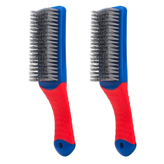 Wire Brushes 2 Pcs Steel Brushes Heavy Duty Carbon Steel and Stainless Steel Wire Scratch Brush with Rubber Ergonomic Handle (16x3.5cm)