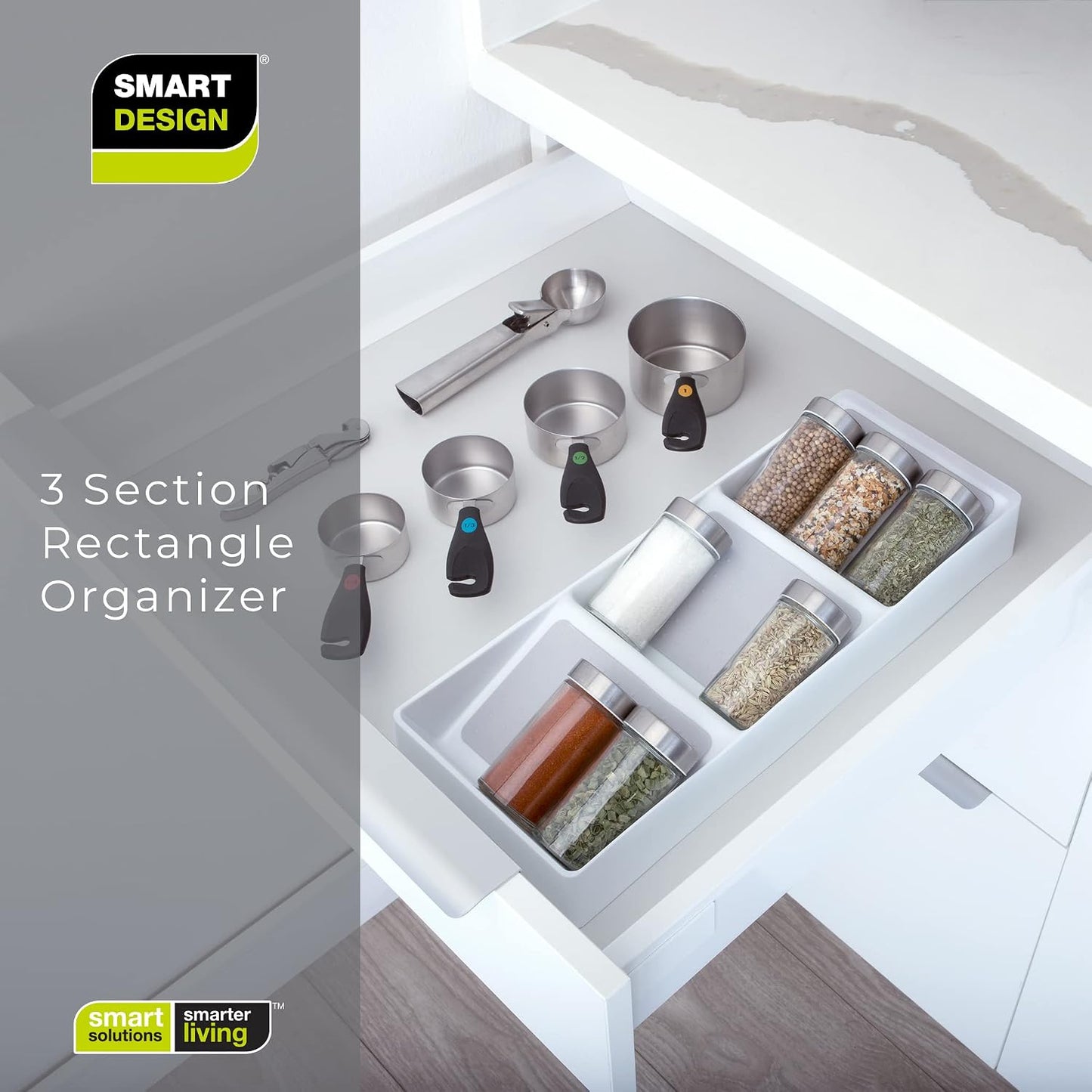 Smart Design 3 Section Plastic Spice Rack Drawer - Non-Slip Lining and Feet - BPA Free - Seasoning Jars, Makeup Storage, Countertop Bottle Tray, 3 Tier - Pantry Kitchen Organizer - White with Gray