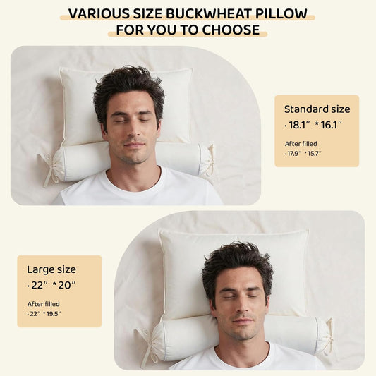 Buckwheat Pillow – 3-Point Head Neck Shoulder Support, Detachable | Fill Shoulder Gap for Pain-Free For Side&Back Sleepers, Adjustable Buckwheat Pillow for Sleeping, Extra Organic Pillowcases