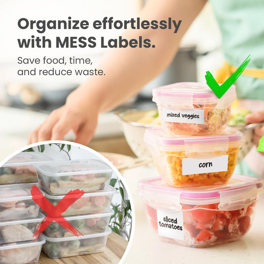MESS Removable Food Labels for Containers (96-Pack) 1x3 & 1.5" Erasable Kitchen Labels for Organizing, Freezer & Fridge, White Dry Erase Labels for Jars