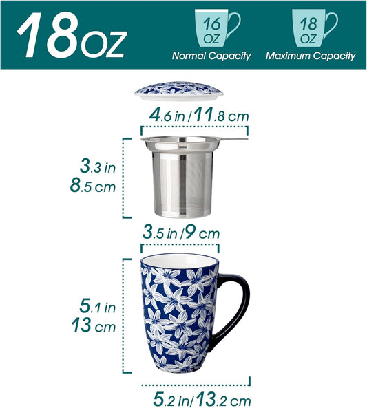 vancasso SELENE Porcelain Tea Mug, 18 oz Porcelain Tea Cup with Infuser and Lid Steeps Loose Leaf Tea, Microwave & Dishwasher Safe, Five-Leaf Clover