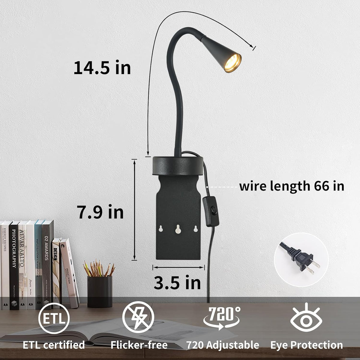 Black Headboard Reading Light, No Drilling Wall Mounted Reading Lights for Bedside, Book Light for Bedtime Reading, Buttonless Dimmable Reading Lamp, Movable Gooseneck Reading Sconces for Bedroom