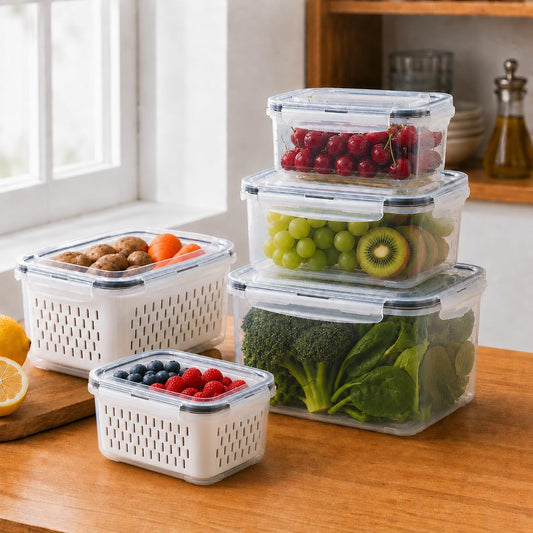 3-Pack BPA-Free Food Storage Containers with Lids & Removable Strainer – Airtight Fridge Organizer & Fresh Produce Keeper for Fruits, Vegetables & Meat, Dishwasher & Freezer Safe (0.85L, 1.75L, 3.3L)