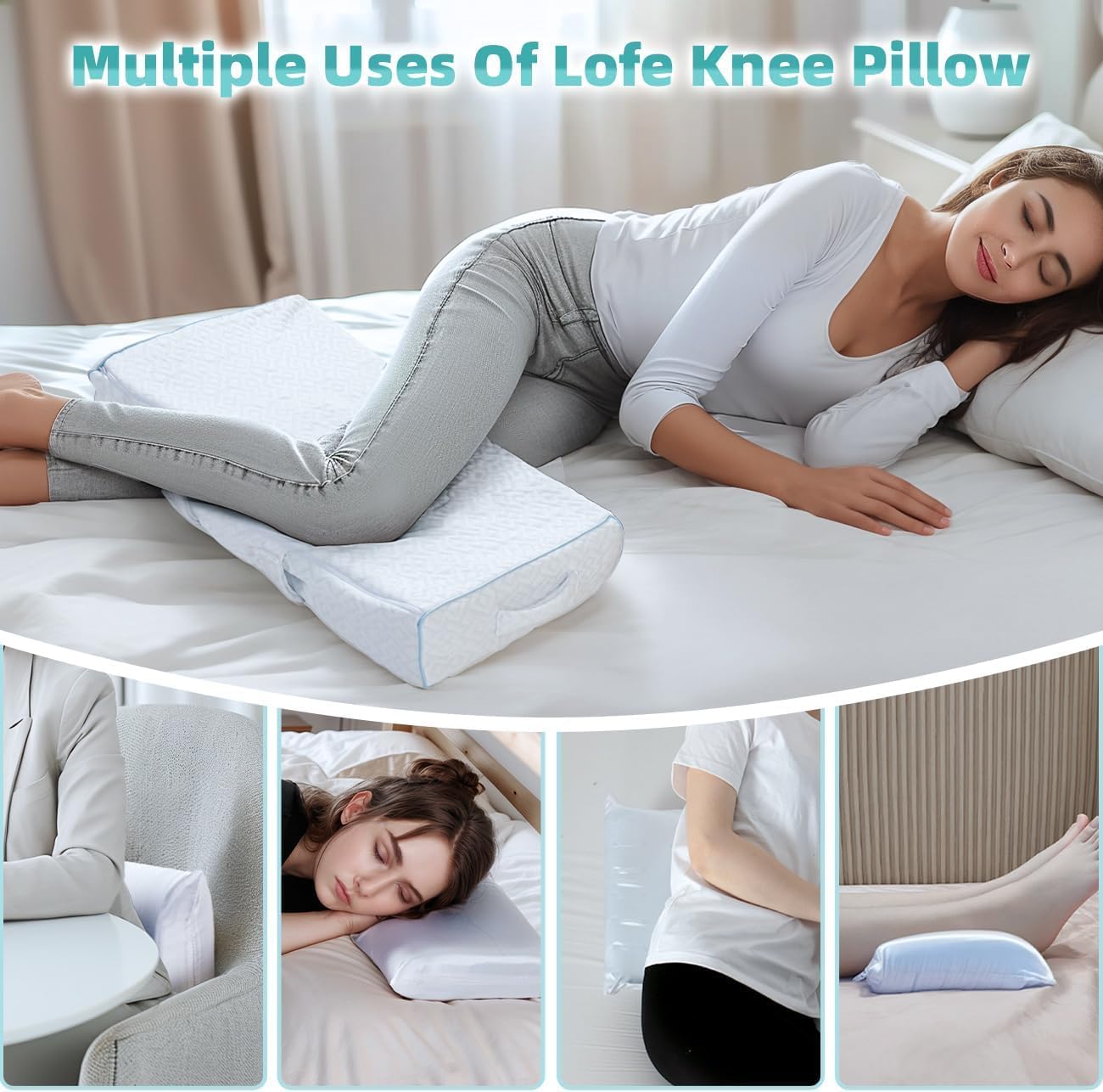 Cool Knee Pillow for Side Sleepers Hip Pain 4in, Adjust Leg Pillow for Multi-uses, CertiPUR-US Memory Foam Knee Pillow for Side Sleeper, Leg Pillow for Side Sleeping with 2 Straps, White