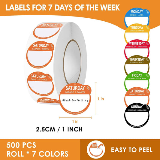 7000 Pcs 1 Inch Risepekt Removable Day Dots Food Labels (Monday-Sunday) | 【English Español Français】Easy to Peel Day of The Week Labels for Restaurant Kitchen Containers, Self Adhesive Date Stickers