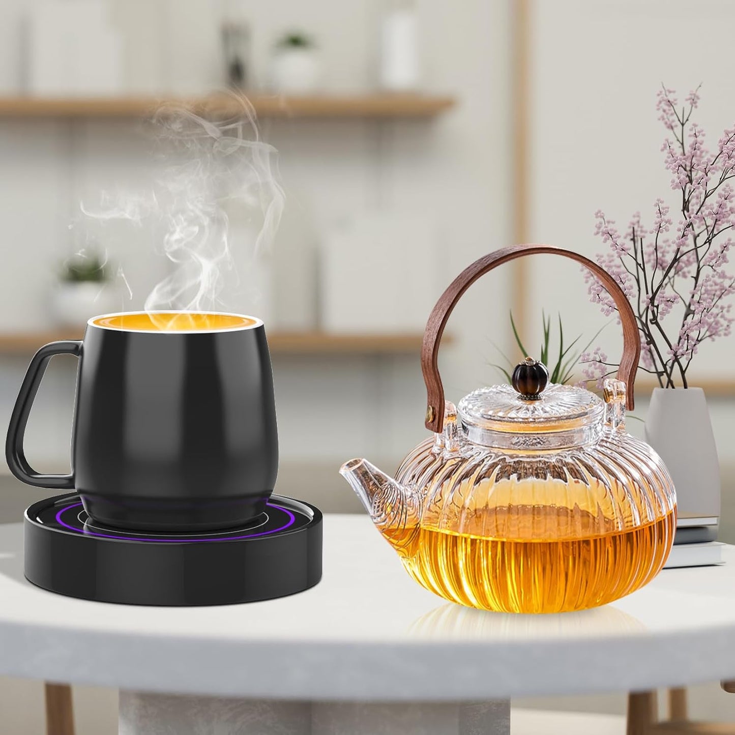 Coffee Warmer with Mug Set - Electric Beverage Cup Warmer for Desk Office Home Use, Candle Warmer Heating Plate with Gravity Switch Auto Shut Off (Up to 131F/55C), 12oz (Blue Set)