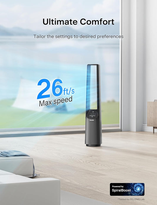 PELONIS 40" 90° Oscillation Bladeless Fan for Bedroom with Remote, White | Bladeless Cooling Tower Fan with 6 Speeds, 4 Modes, 26 ft/s, Brushless DC Motor, Quiet 22dB, 7-Hr Timer for Home, Office Use