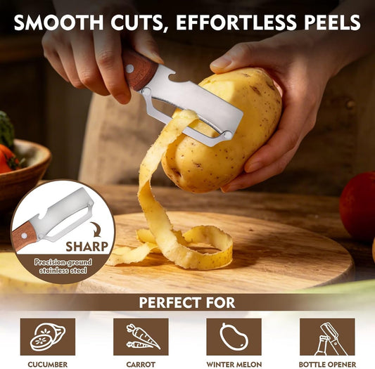 Multifunctional Vegetable Potato Peeler for Kitchen,Wooden-Handled Stainless Steel Sharp Peeler Knife with Built-In Bottle Opener for Veggie, Fruit, Potato, Carrot, Apple Ergo 1PCS