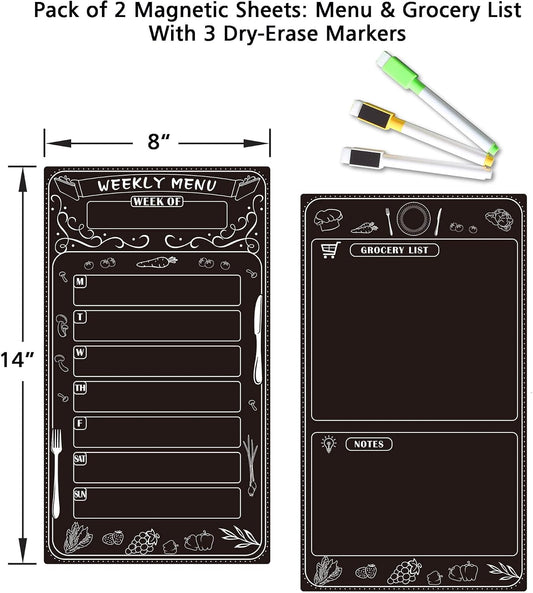 Magnetic Weekly Menu Planner for Fridge: 2 PCS 8x14 Inch Dry Erase Boards with Meal Plan and Grocery List, Dinner Calendar Magnets for Family Kitchen