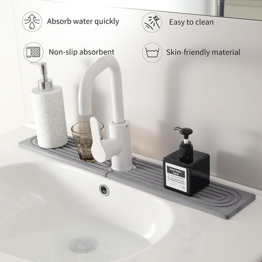 Diatomite Faucet Mat for Kitchen Sink, Quick-Dry Stone-Like Sink Mat, Flat Lay Absorbent Countertop Drying Mat for Faucet Area, Hard Diatomite Mat, Gray, 23.6 x 4 in