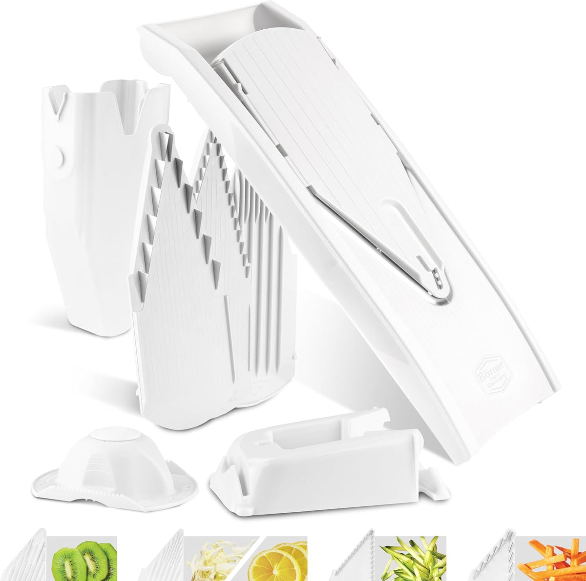 Mandoline Food Slicer Börner V1 (Profi Set) by Reston Lloyd • V-Slicer with 4 Inserts, Docking Station & Food Holder • Made in Germany • Fruit & Vegetable Chopper • Multiple Settings • Color: Red