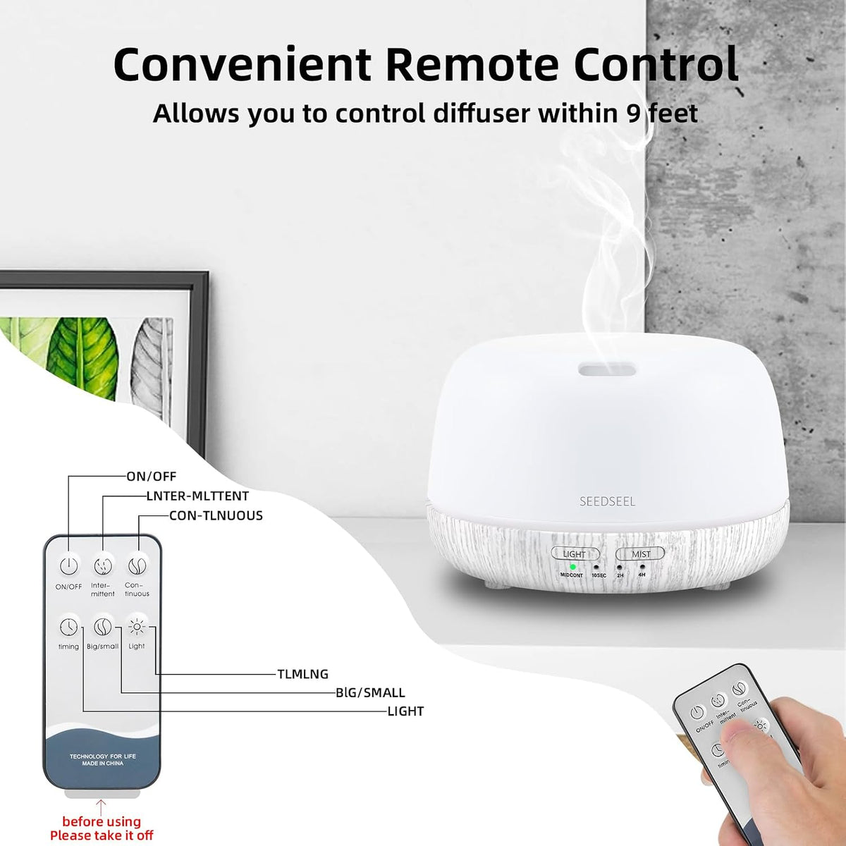 SEEDSEEL 300ML Essential Oil Diffuser with 7-Color LED Lights and Remote Control, Modern Minimalist Design, High-Efficiency Ultrasonic Mist Aromatherapy Diffuser for Home