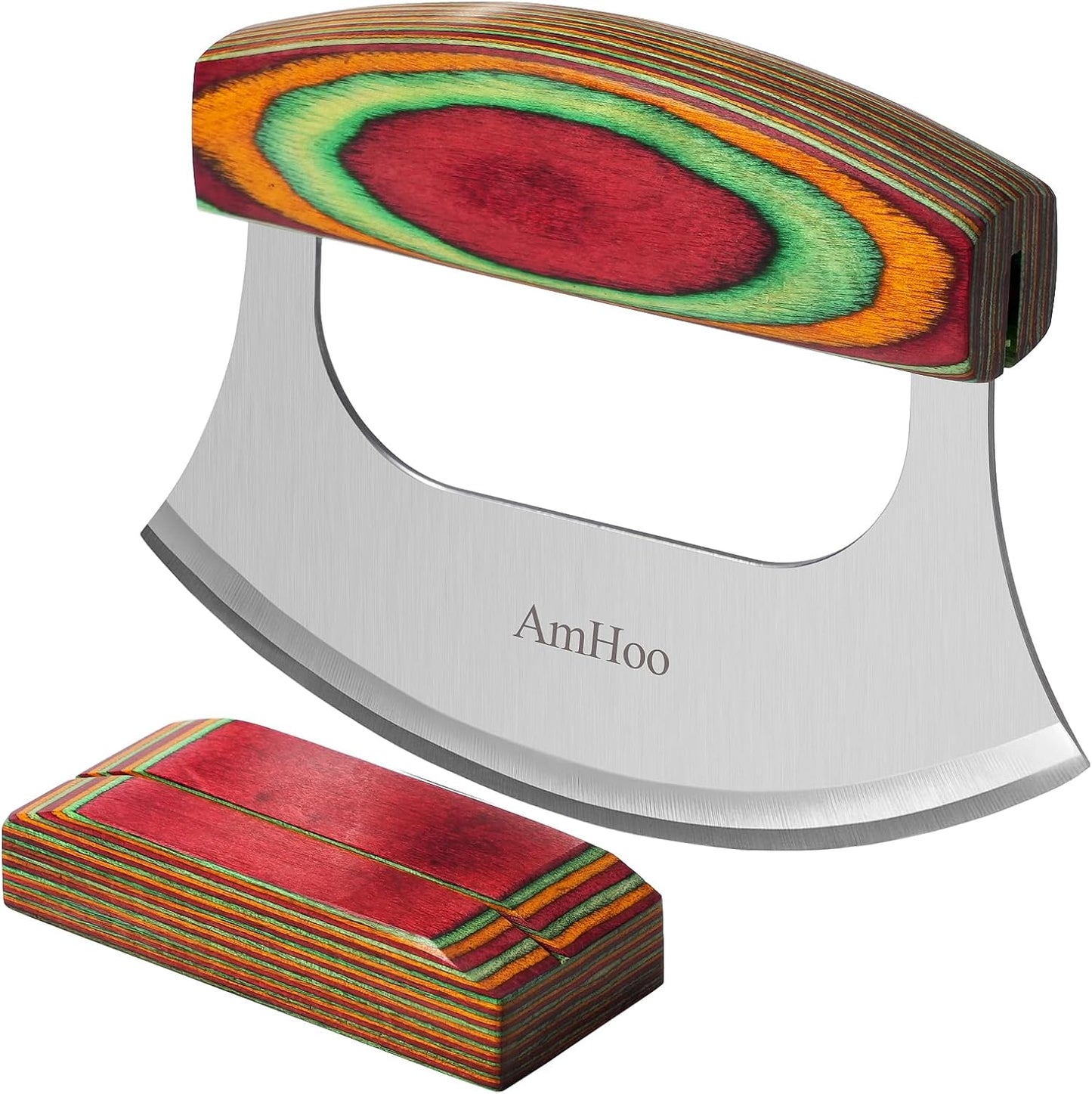 Pizza Cutter Chef Mezzaluna Ulu Knife Handle Color Wood Grip Sharp Rocker Slicer Stainless Steel Blade Salad Onion Vegetable Chopper with Holder Base Christmas Gifts