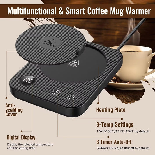 Mug Warmer, 3-Temp Setting Coffee Mug Warmer, Coffee Warmer with 2-12Hrs Auto Shut-Off, Mug Warmer for Desk Anti Scalding Silicone, Coffee Cup Warmer Digital Screen, Electric Coffee Warmer for Desk