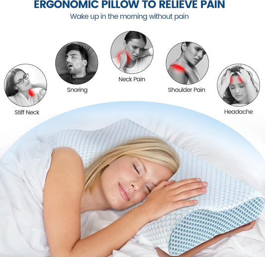 Memory Foam Pillows Neck Pillow Bed Pillow for Sleeping, Ergonomic Cervical Pillow for Neck and Shoulder Pain Relief,Orthopedic Contour Pillow for Side Back Stomach Sleeper(Blue&Grey)