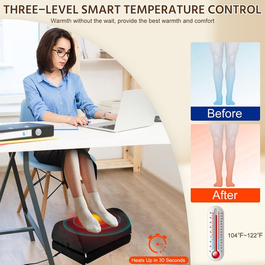 Heated Foot Rest with Heating Detachable, Black Double Layer | Office Desk Accessories Under Desk Footrest with Adjustable Height and Washable Cover, Foot Stool with Handle