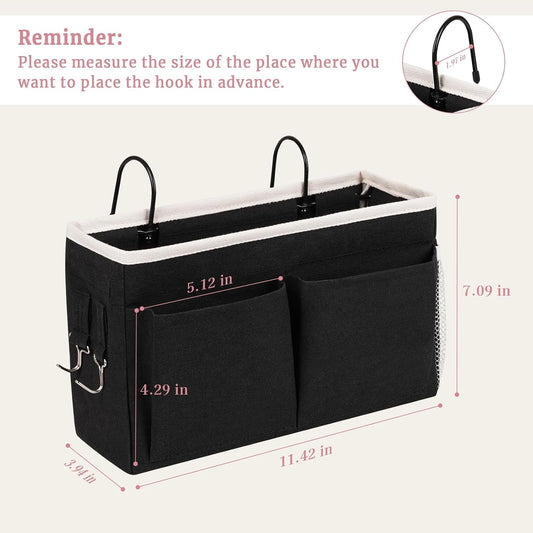 Bedside Caddy Organizer, Hanging Storage Bag with Hooks, White | Bed Caddy, Books, Remotes, Magazines Holder for Home/College/Bunk/Bed Dorm/Hospital Crib Bed Rails