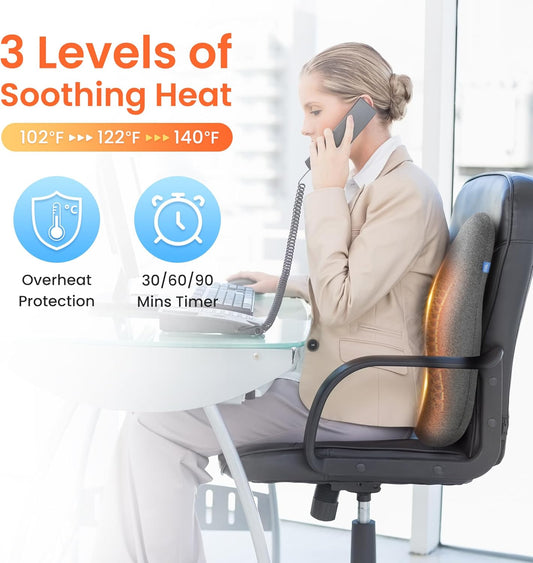 Heated Lumbar Support Pillow for Office Chair, Ergonomic Back Support Cushion with Vibration, Memory Foam Chair Back Massager,Gifts for Mom Dad