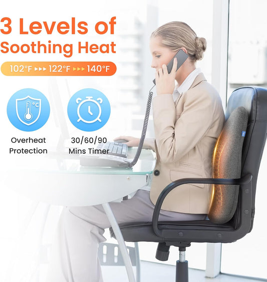 CILI Heated Lumbar Support Pillow for Office Chair, Ergonomic Back Support Cushion with Vibration, Memory Foam Chair Back Massager,Gifts for Mom Dad