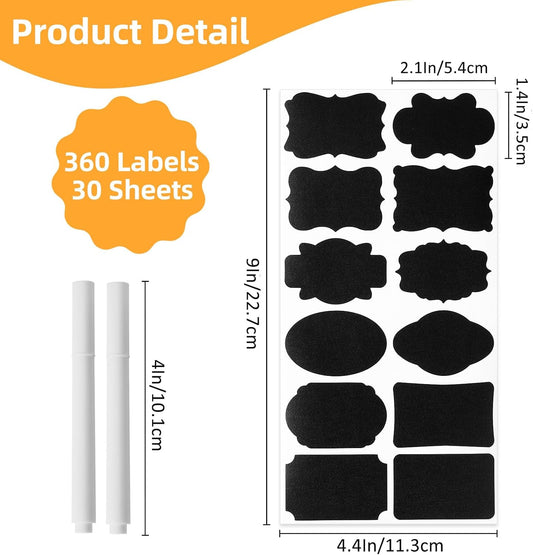 Homrelaxy 360 Pcs Chalkboard Labels Stickers for Glass Jars, 2.1"x 1.4" | Black Chalk Labels with 2 White Erasable Markers, 12 Assorted Shapes, For Mason Jars, Food Containers and Pantry Storage