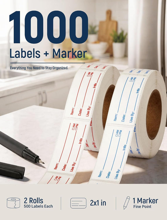 2 Rolls 1000 Pcs Removable Food Labels, 1 x 2 Inch Date Stickers w/Bonus Writing Pen for Freezer Refrigerator Food Containers, Easy to Write on Food Labeling for Food Storage Organization Kitchen Use
