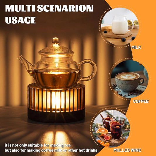 Inmorven Teapot Warmer, Aluminum Tea Warmer with Wooden Base, Candle Heater for Heating Tea, Coffee, Milk, Food,Camping and Traveling, Suitable for All Teapots-S