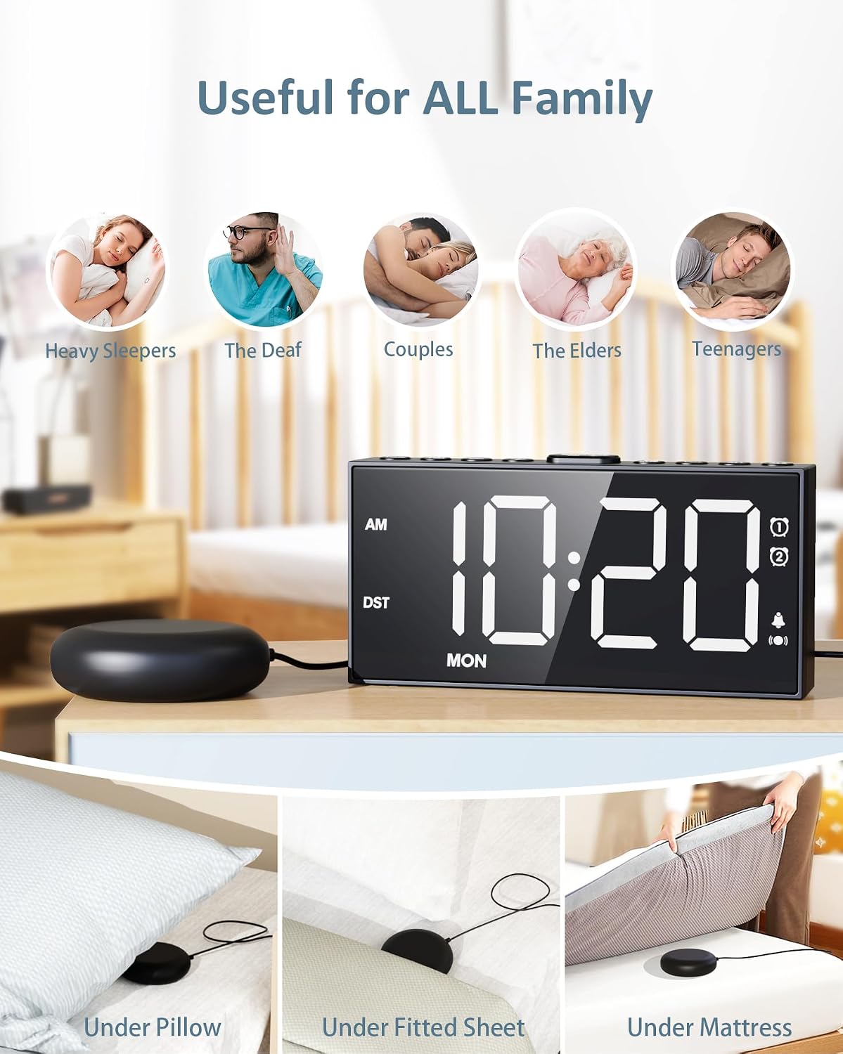 Roxicosly Vibrating Alarm Clock with Bed Shaker for Heavy Sleepers, 3-Level Vibration, Dual Alarms with Weekday & Weekend Mode, Large Digits, Dimmer, Snooze, USB Charger, Battery Backup