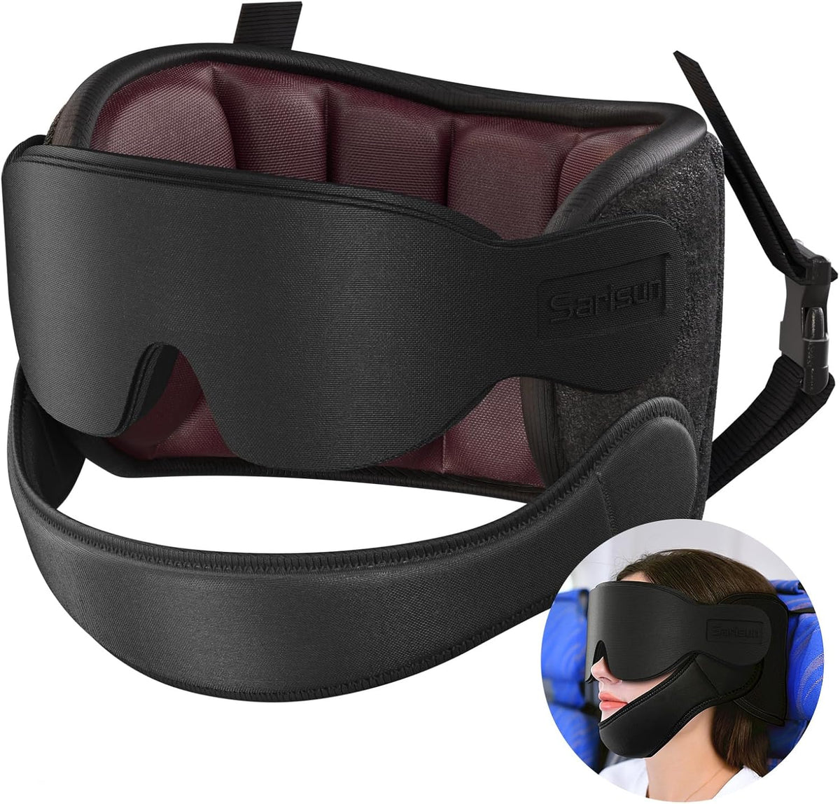 SARISUN Travel Pillow with Chin Strap, Stable Head Support for Long Flight