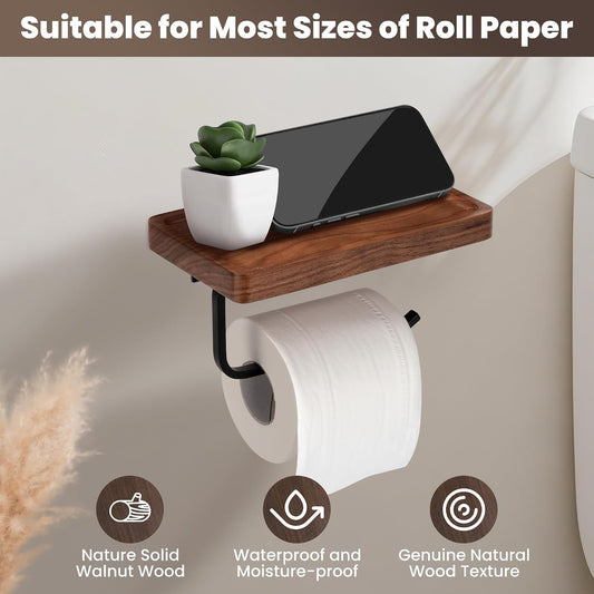 Toilet Paper Holder Walnut Wood Shelf - Wall Mount & Self-Adhesive | Bathroom Tissue Holder, Black Stainless Steel with Walnut Shelf for Phone - Home Apartment Restroom Decor Essentials