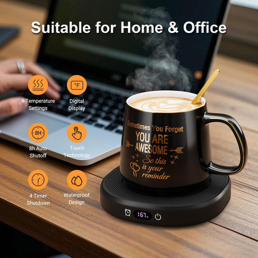 Coffee Mug Warmer & Pure Black Mug Set, Electric Cup Warmer for Desk | Beverage Warmer Plate for Coffee,Tea,4 Temperature Setting,8-Hours Auto Shut Off,14oz Mug with Spoon & Bamboo Lid Included