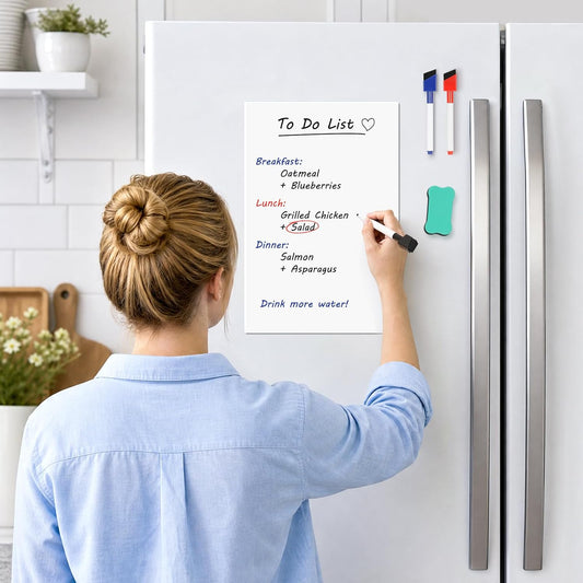 Magnetic Dry Erase Whiteboard for Fridge, 12"x8" Small White Board for Refrigerator, Grocery List & Meal Planner Kitchen Organizer with Stain Resistant Technology, Includes 3 Markers & Eraser