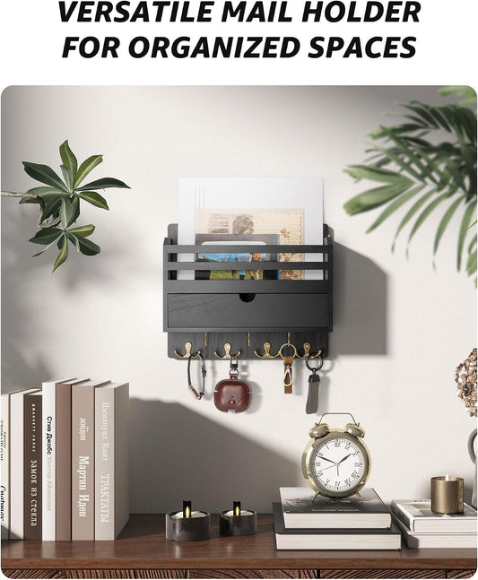 Rebee Vision Mail Organizer Wall Mount with Hooks for Entryway, Retro Brown | Key and Mail Holder for Wall, Storage Drawer, 7 Key Hooks, Mail Organizer, Rustic Home Decor, Office and Garage Organization