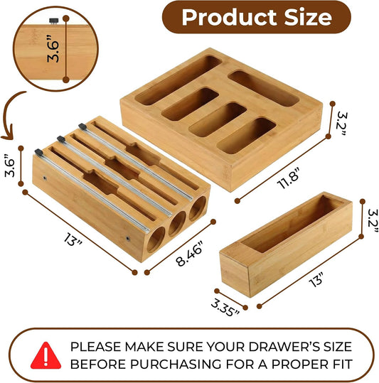 9-in-1 Bamboo Kitchen Drawer Organizer - Storage Bag Holder with Built-In Foil & Wrap Cutter Dispenser - Wooden Food Storage Bag Organizer for Gallon, Quart, Sandwich and Snack Sizes