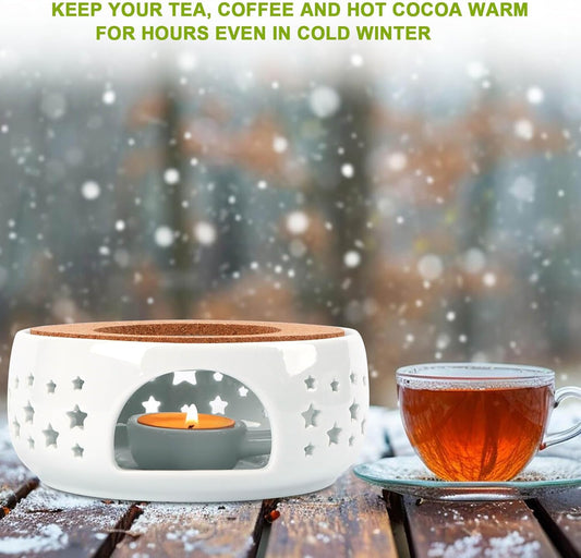 Teapot Warmer, Ceramic Tea Warmer for Teapot, Tealight Warmer with Tealight Holder for Heating Coffee Milk Tea Warmer, Teapot Heater (White)