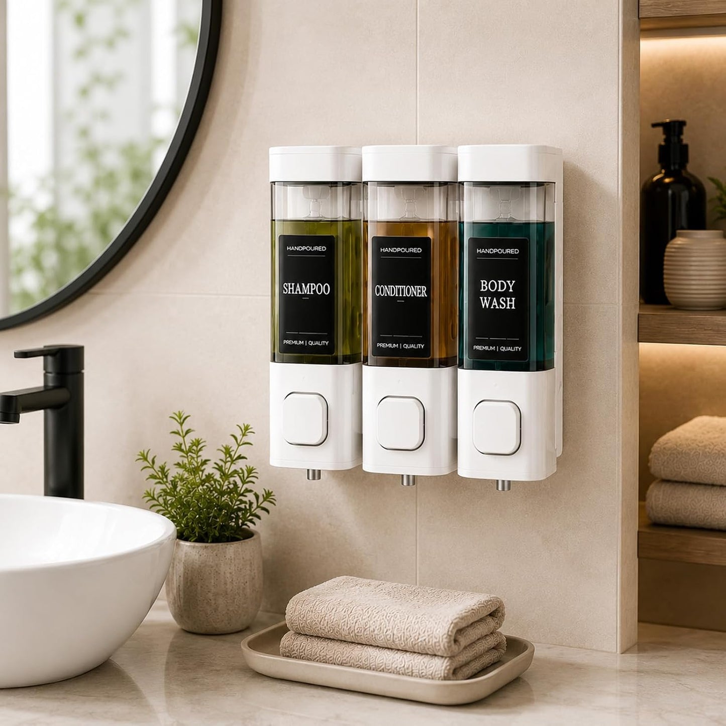 Shampoo and Conditioner Dispenser, Shower Soap Dispenser Wall Mounted, Shower Dispenser 3 Chamber No Drill for Bathroom Large Capacity (Silver)