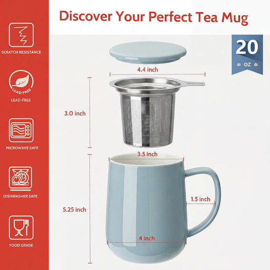 Sweese 20 OZ Porcelain Tea Mug with Infuser and Lid, Loose Leaf Tea Cup, Gifts for Tea Lover - Mint Green
