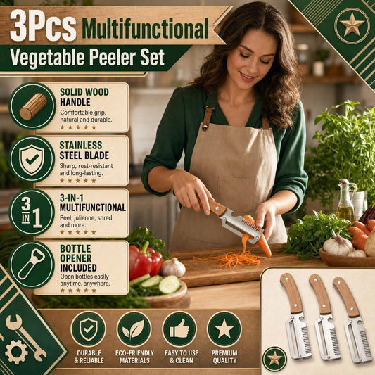 3Pcs Multifunctional vegetable peeler 2026 New 3 in 1 Stainless Steel Blade Wooden Handle Bottle Opener Kitchen Tool For Veggie Fruit