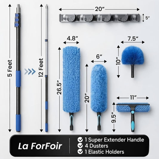 20ft High Ceiling Duster Kits with 5-12ft Heavy Duty Extension Pole - Fan Blade Cleaner, Cobweb Remover & Blue Window Squeegee Kit, Washable Dust Brush for High Roof and Glass Surfaces