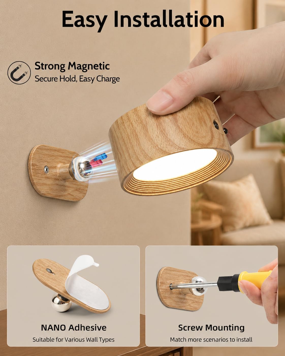 Rechargeable Wall Sconces with Remote, Magnetic Wall Lights, Black