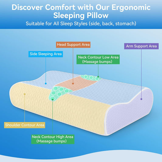 Cervical Neck Pillow for Pain Relief- Queen Size Adjustable Cooling Pillow for Sleeping, Memory Foam Pillows for Neck Shoulder, Ergonomic Contour Bed Pillow for Side, Stomach & Back Sleepers