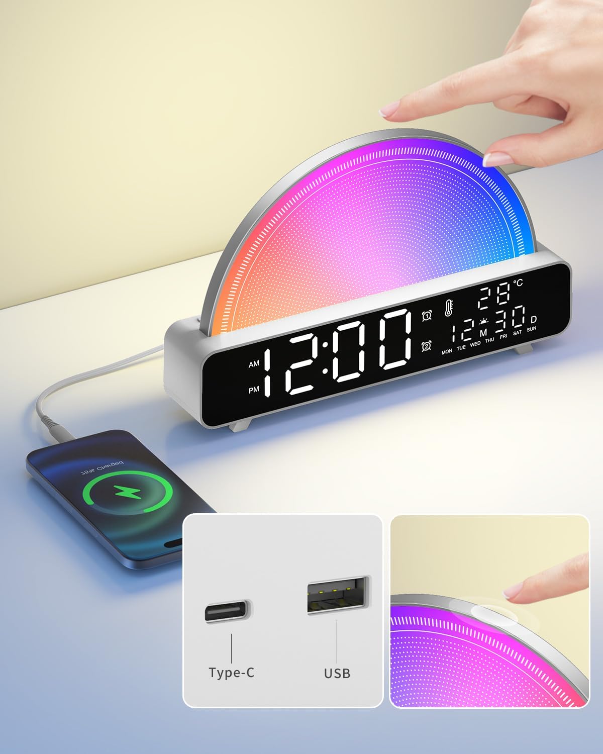 HAODINGMAI Sunrise Alarm Clock Wake Up Light with Sunrise Simulation White Noise Machine Touch Control Bedside Lamps Colors Atmosphere Lamp 30/60/90 Sleep Timer 13 Nature Sounds