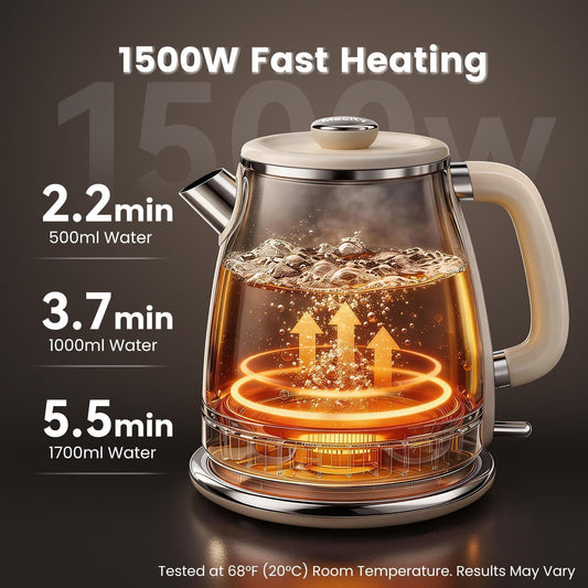Mecity Retro Electric Kettle 1.7L, Stainless Steel Interior, Food-Grade Silicone Water Contact, Double Wall Cool Touch, 1500W Fast Boil, Thermometer (°F/°C), Wide Opening, Cream