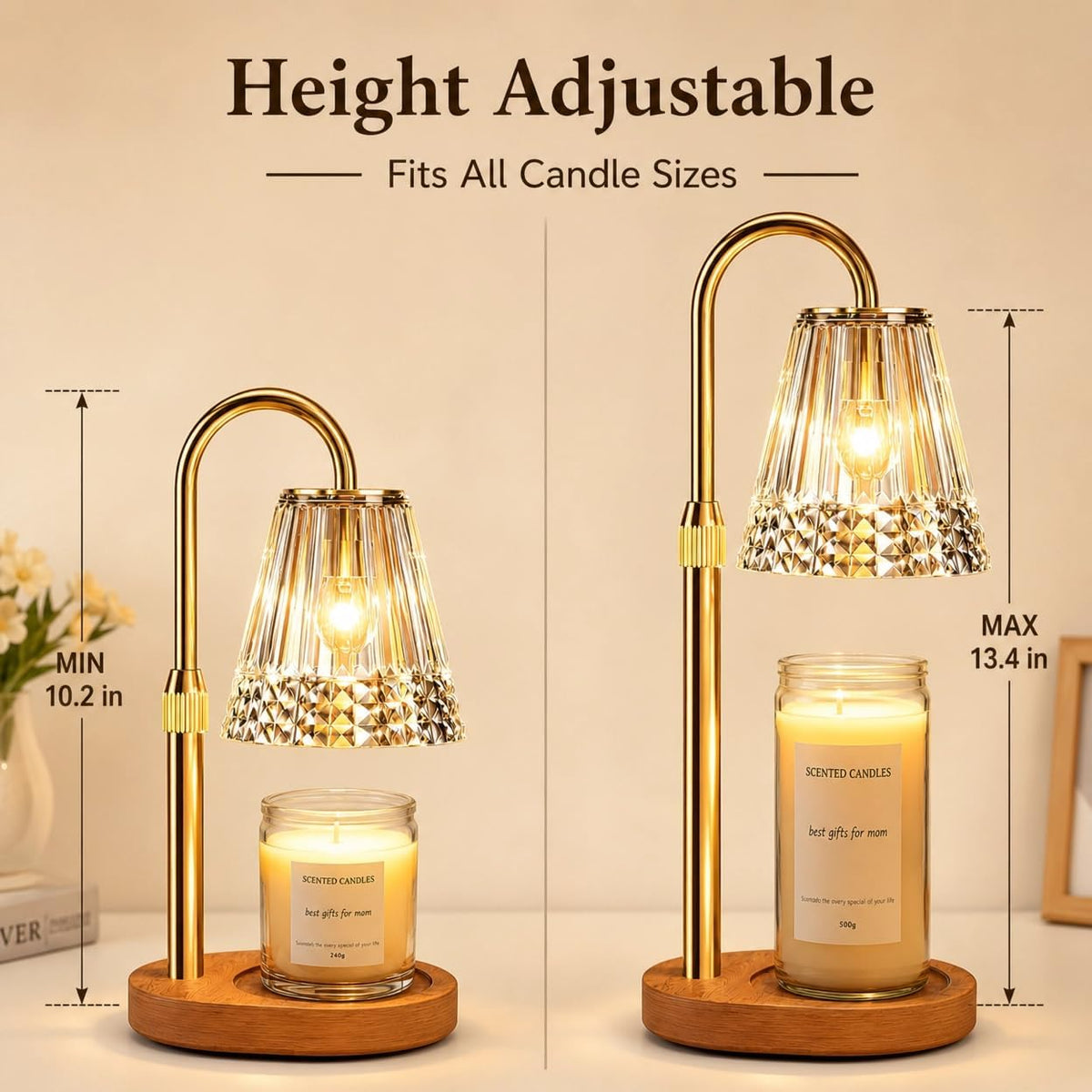 TATAANTY Candle Warmer Lamp with Timer & Dimmer, Adjustable Height for Jar Candles, Wood Base, Home Decor