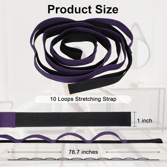 Amrules Yoga Strap for Stretching with 10 Loops Inelastic Soft Polyester Cotton Stretch Out Band for Exercise, Yoga, Pilates and Dance for Men and Women