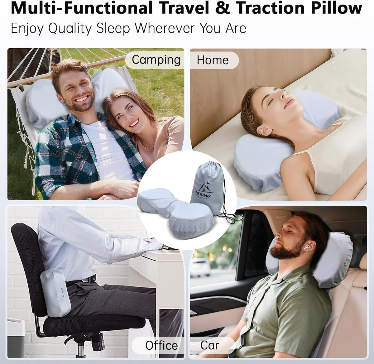 Cervical Neck Roll Pillow, Say Goodbye to Neck Pain, Travel Neck Support Pillow for Side Sleepers, Ergonomic Memory Foam Camping Pillow, Cervical Traction Device with Storage Bag