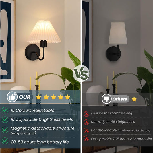 Rechargeable Battery Operated Wall Sconce Sets of 2, 15 Colors Wireless gooseneck Black Wall Lights Fixture with Dimmable Bulbs and Remote, Not Hardwired Wall Mounted Lamps for Bedroom Living Room