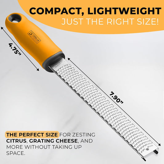Orblue Lemon Zester & Cheese Grater - Premium Citrus Zester, Kitchen Grater for Parmesan, Chocolate, Fruits, Vegetables, Ginger, Garlic, Nutmeg - Stainless Steel Blades with Protective Cover, Orange