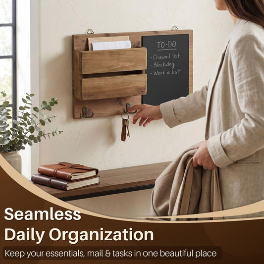 Flexzion Chalkboard Key Holder Wall Mount, Mail Organizer with Wood Shelf | Rustic Wood Entryway Message Center with Double Hooks and Mail Slot for Letters, Notes, Wallets and Daily Essentials